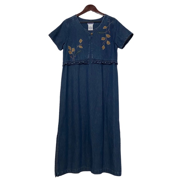 Vintage Prairie Cottagecore 90s Full Length Denim Embroidered Dress Blue